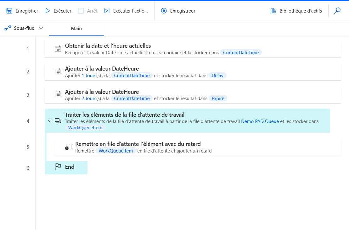 Exemple de capture d’écran du processus utilisant l’action Remettre l’élément en file d’attente et Ajouter un délai.