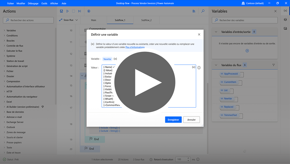 Diapositive de la vidéo Créer et tester, montrant un flux de bureau en cours de création dans Power Automate pour le bureau