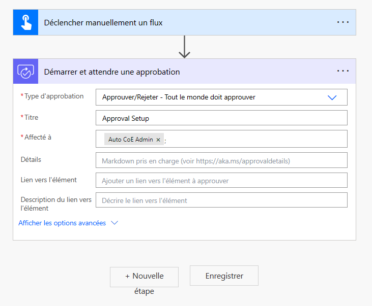 Capture d’écran de la carte d’action configurée Démarrer et attendre une approbation.