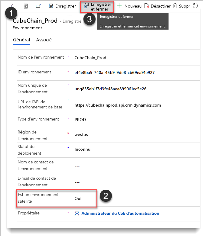 Capture d’écran qui affiche les étapes pour enregistrer un environnement en tant qu’environnement satellite.