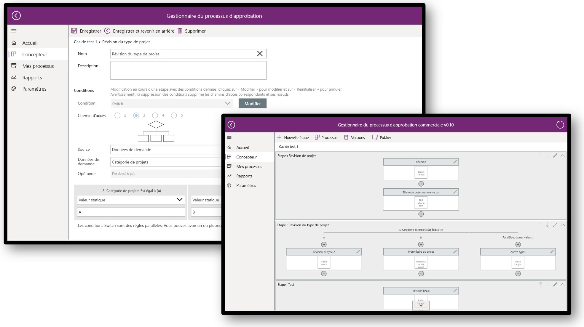 Une capture d’écran du gestionnaire de processus d’approbations métier avec la vue Concepteur sélectionnée et un flux de processus affiché.