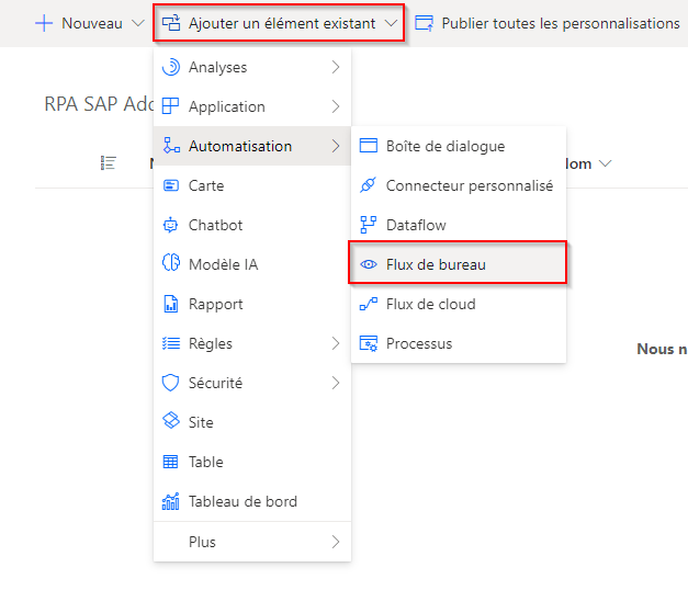 Capture d’écran de l’ajout d’une solution existante, avec le flux de bureau sélectionné dans le menu déroulant.