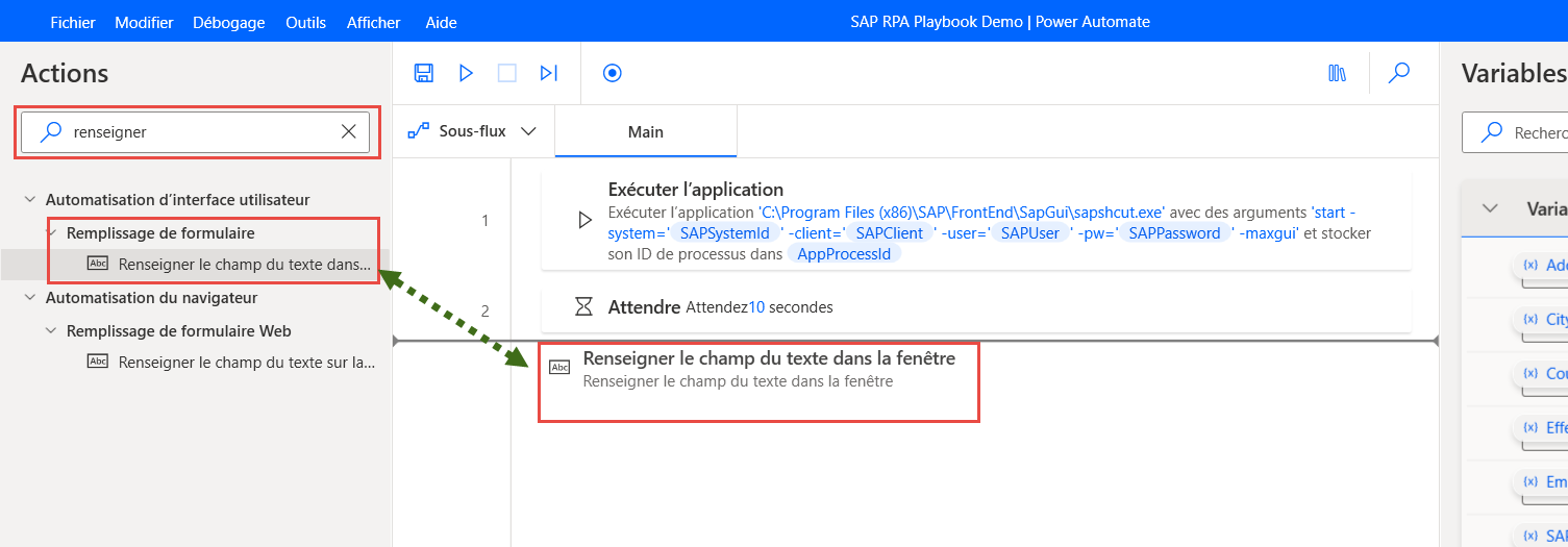 Capture d’écran de l’ajout du champ de texte Renseigner dans l’action de la fenêtre après l’action d’attente dans la fenêtre du concepteur Power Automate Desktop.