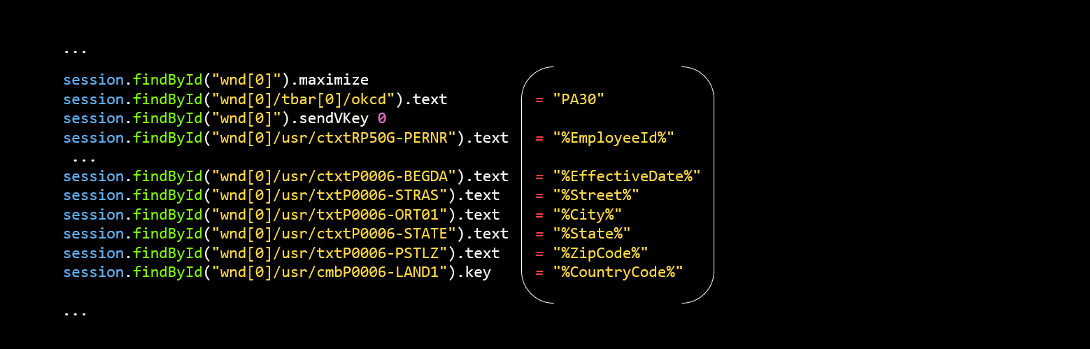 Capture d’écran du code où la saisie de l’utilisateur a été remplacée par une série de variables.