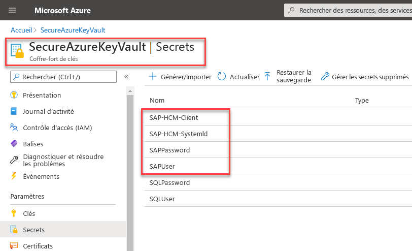 Capture d’écran d’Azure Key Vault avec les secrets suivants : SAP-HCM-Client, SAP-HCM-SystemId, SAPPassword et SAPUser.