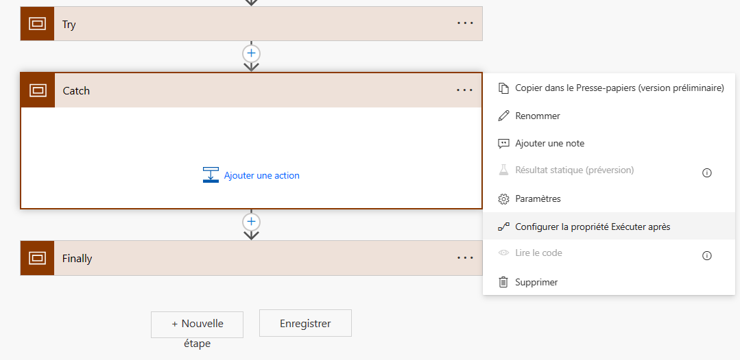 Capture d’écran de la portée Catch avec l’option Configurer Exécuter après dans le menu Plus.