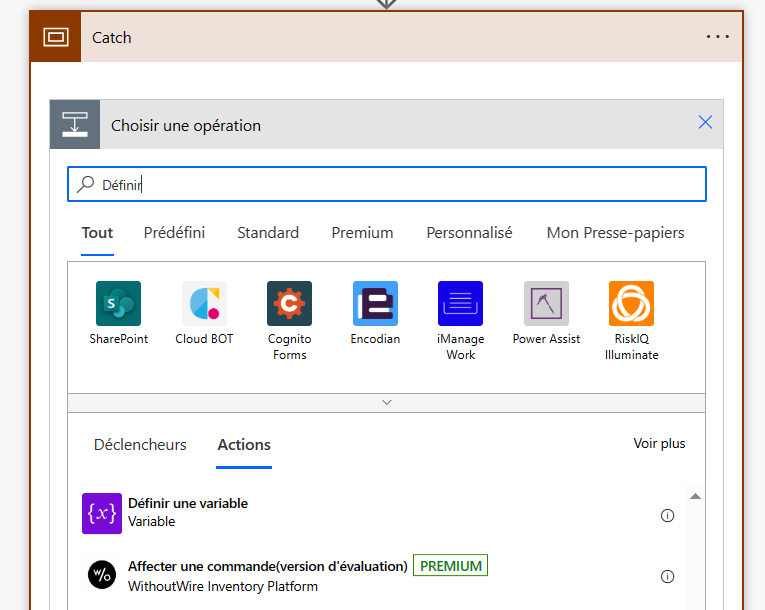 Capture d’écran de la portée Catch avec l’action Définir une variable ajoutée.