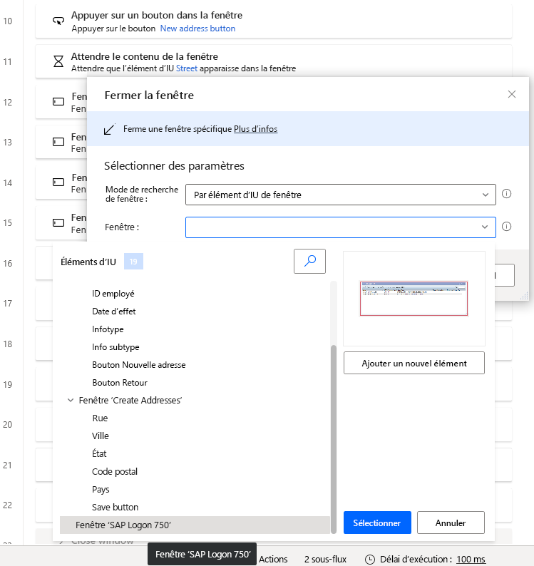 Capture d’écran de la fenêtre du concepteur Power Automate Desktop avec la boîte de dialogue Fermer la fenêtre ouverte, la liste des variables ouverte et la fenêtre SAP Login 760 sélectionnée.