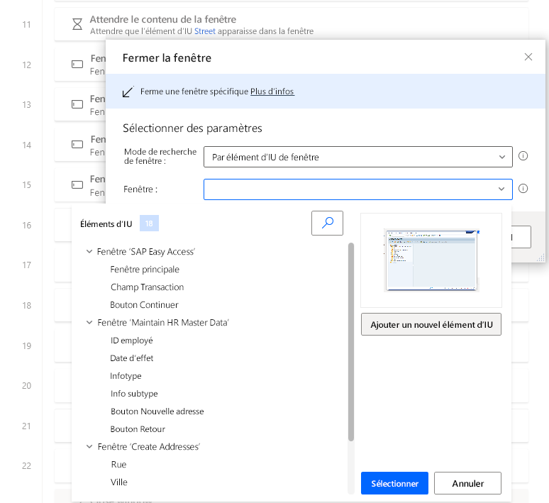 Capture d’écran de la fenêtre du concepteur Power Automate Desktop avec la boîte de dialogue Fermer la fenêtre et la liste des variables ouvertes.