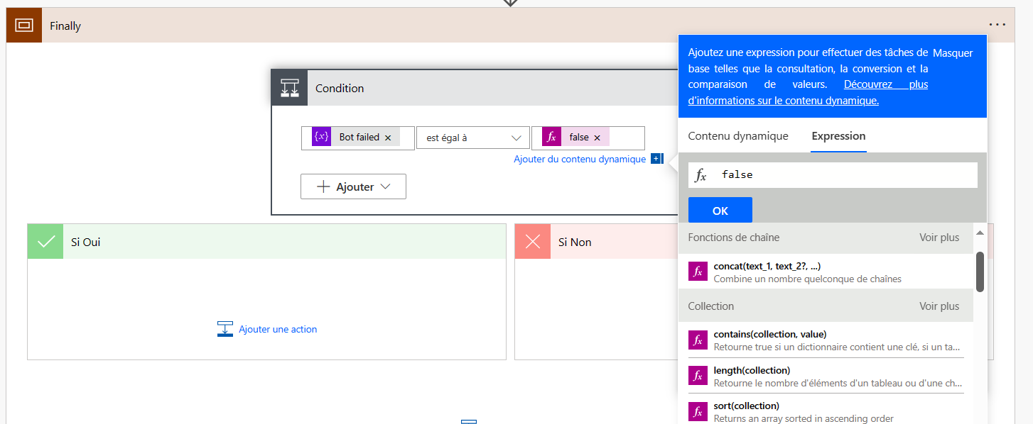 Capture d’écran du segment Condition avec la boîte de dialogue Contenu dynamique pour définir Échec du bot sur false.