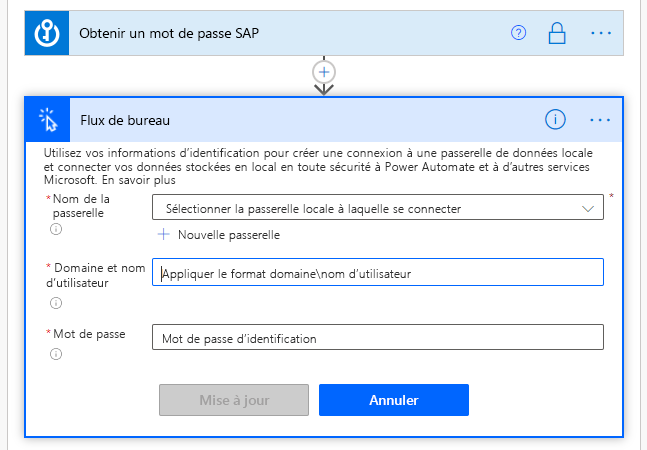 Capture d’écran de la boîte de dialogue des propriétés de connexion des flux de bureau pour l’action Exécuter un flux généré par Power Automate Desktop.