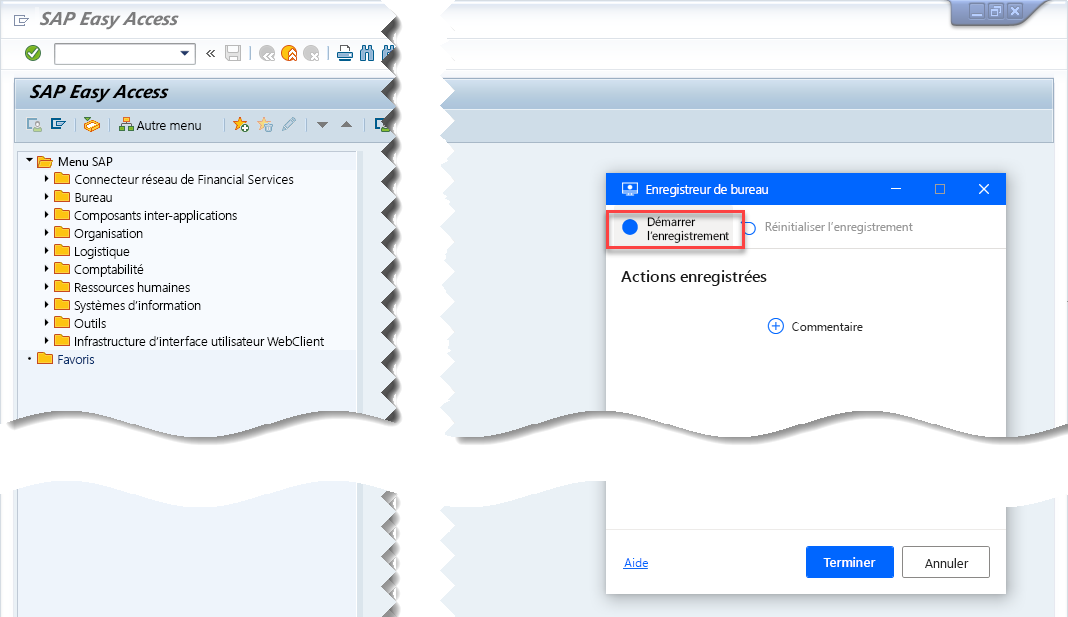 Capture d’écran de SAP GUI avec la fenêtre de suivi de l’enregistreur de bureau et les instructions pour démarrer l’enregistrement.