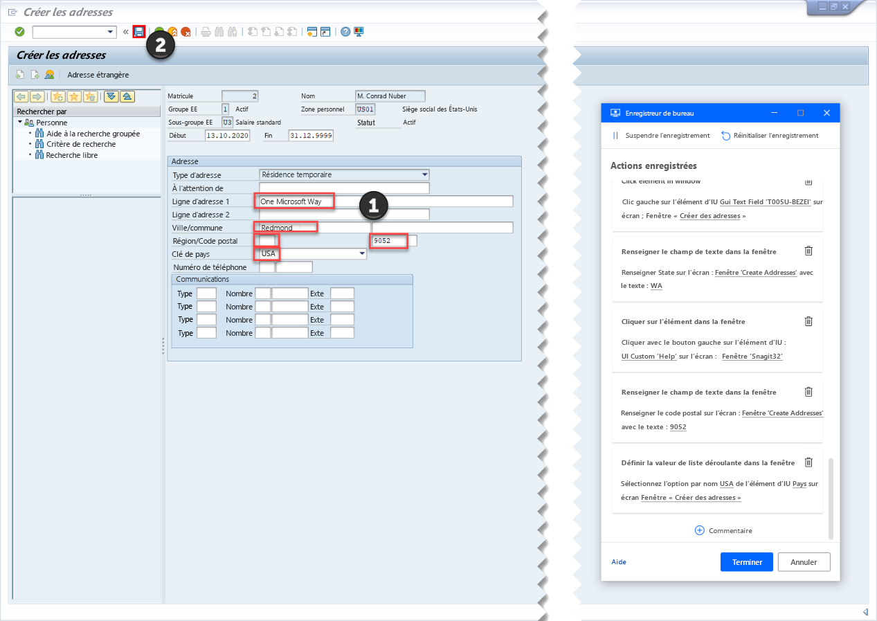 Capture d’écran de SAP GUI avec la fenêtre de suivi de l’enregistreur de bureau et les champs pertinents de l’adresse SAP répertoriés à l’écran et le bouton Enregistrer marqué comme étape d’enregistrement.