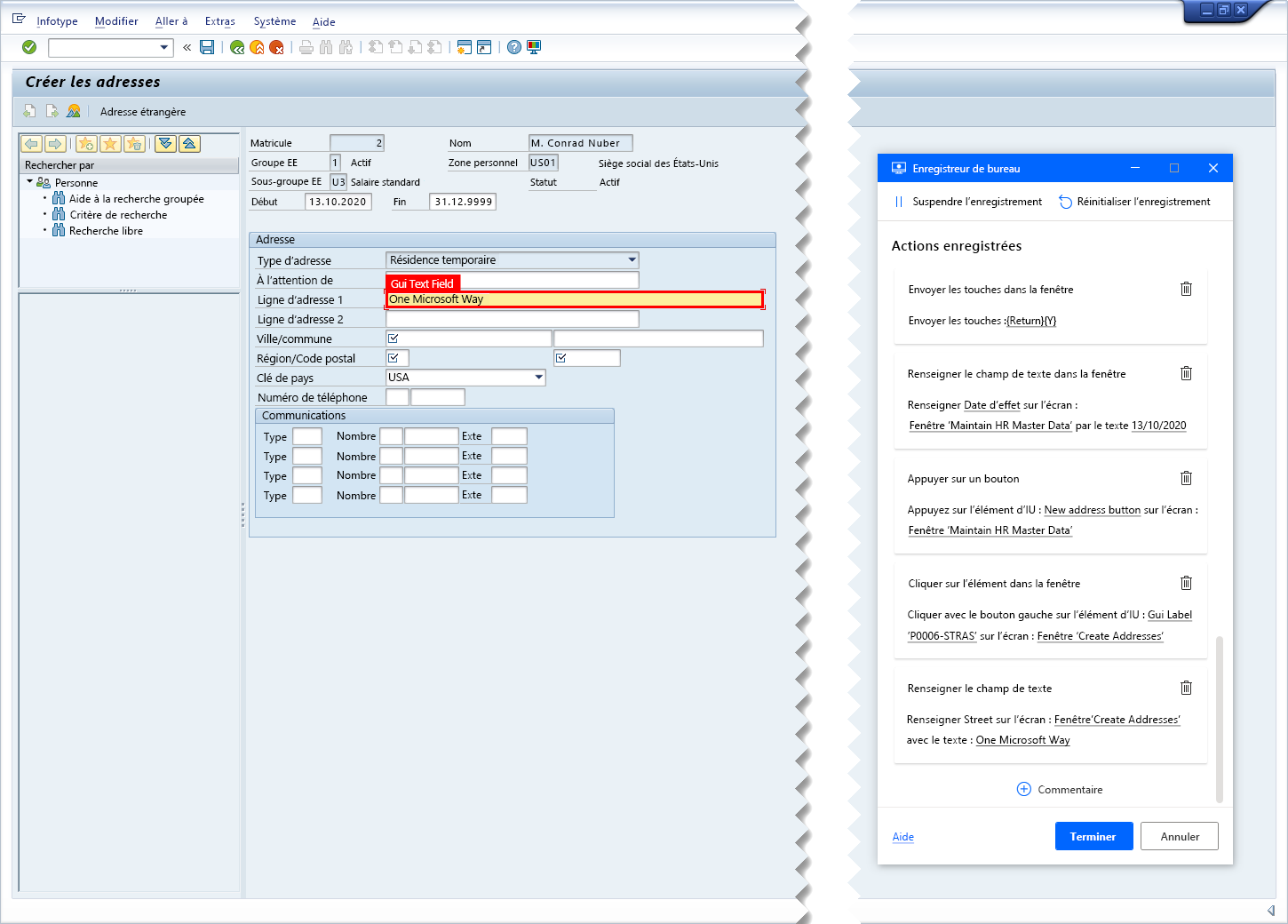 Capture d’écran de SAP GUI avec la fenêtre de suivi de l’enregistreur de bureau et le champ Ligne d’adresse 1 SAP spécifié et marqué pour l’enregistrement.