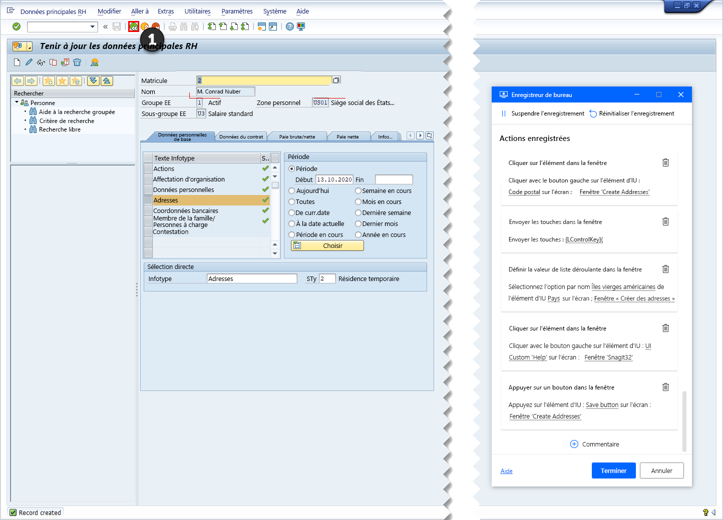 Capture d’écran de SAP GUI avec la fenêtre de suivi de l’enregistreur de bureau et le bouton de retour SAP.