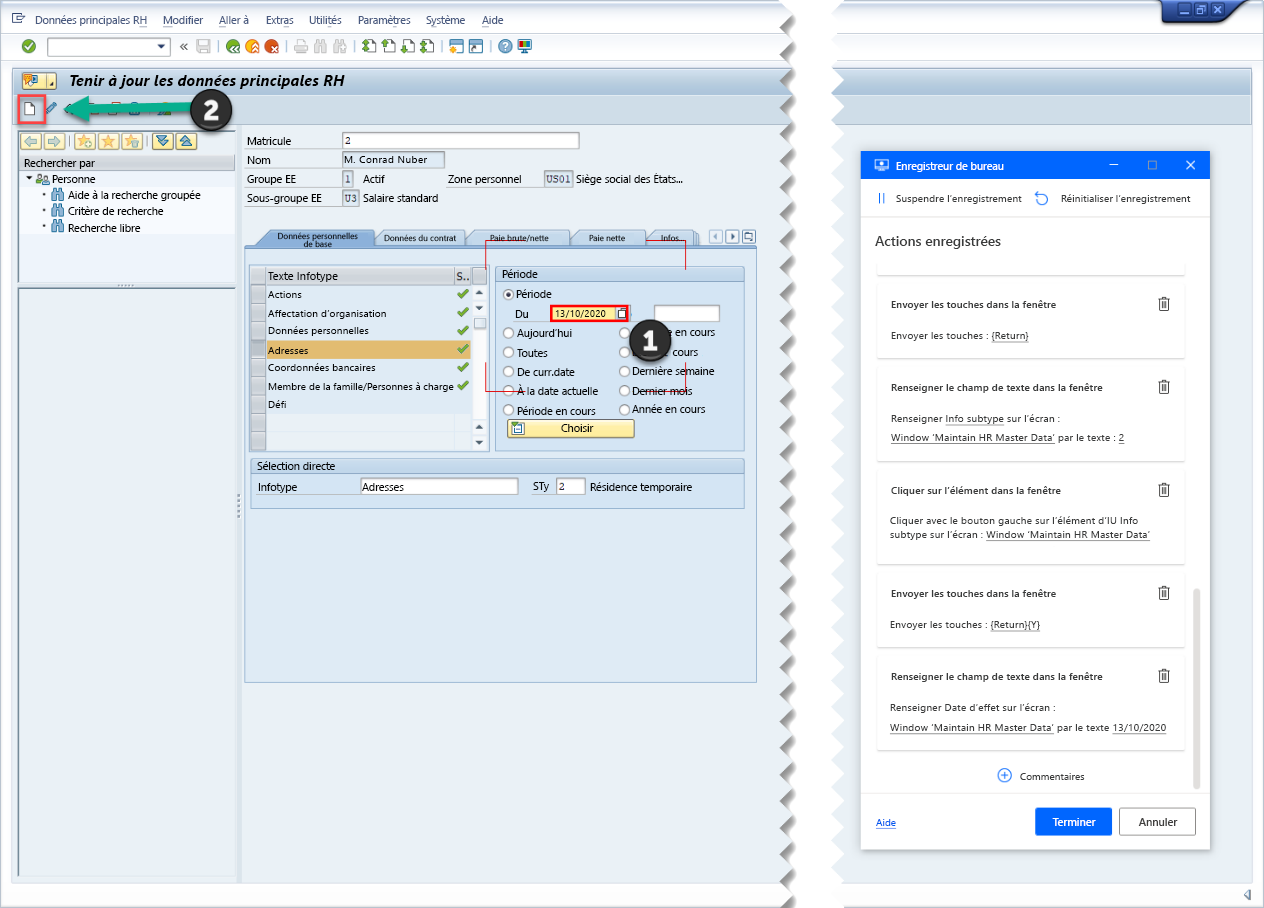 Capture d’écran de SAP GUI avec la fenêtre de suivi de l’enregistreur de bureau et le champ de période SAP De spécifié et marqué pour l’enregistrement.