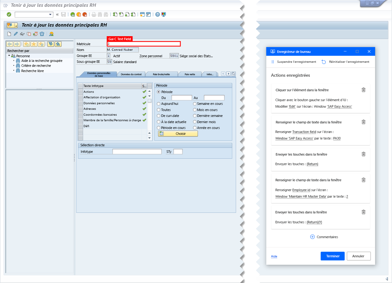 Capture d’écran de SAP GUI avec la fenêtre de suivi de l’enregistreur de bureau et le champ Numéro personnel SAP marqué pour l’enregistrement.