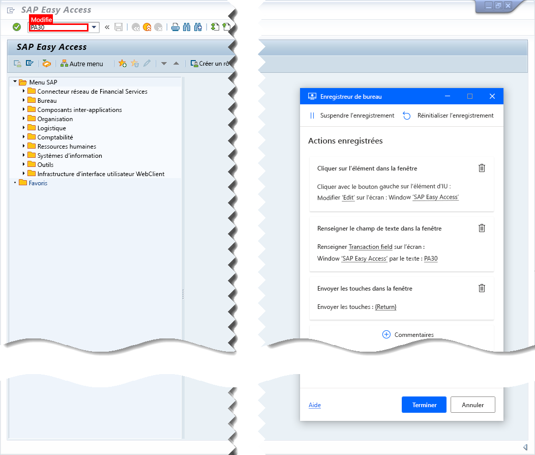 Capture d’écran de SAP GUI avec la fenêtre de suivi de l’enregistreur de bureau et le code de transaction SAP marqué pour l’enregistrement.