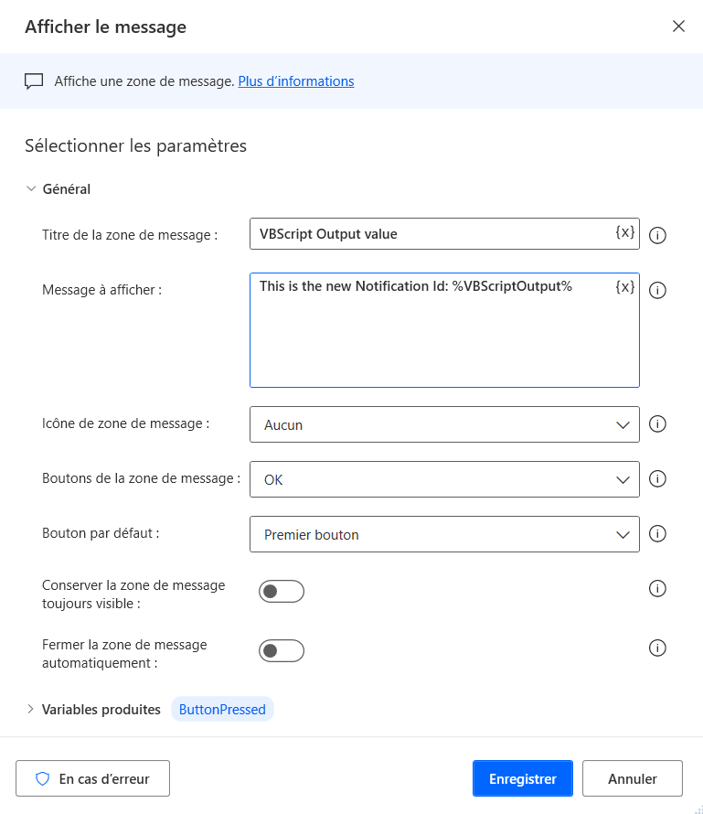 Capture d’écran montrant une action de message d’affichage et ses paramètres.
