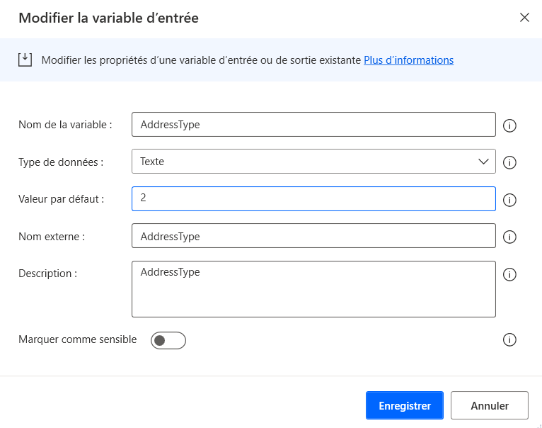 Capture d’écran de la boîte de dialogue Modifier de la variable AddressType avec la valeur par défaut définie sur 2.