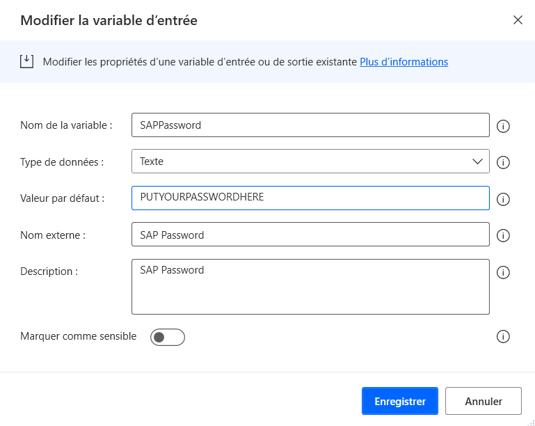 Capture d’écran avec la boîte de dialogue Modifier la variable avec les valeurs par défaut.