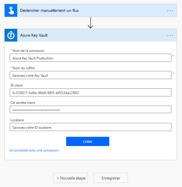 Capture d’écran de l’établissement d’une connexion à l’aide de l’action Azure Key Vault dans le concepteur de flux Power Automate après connexion.