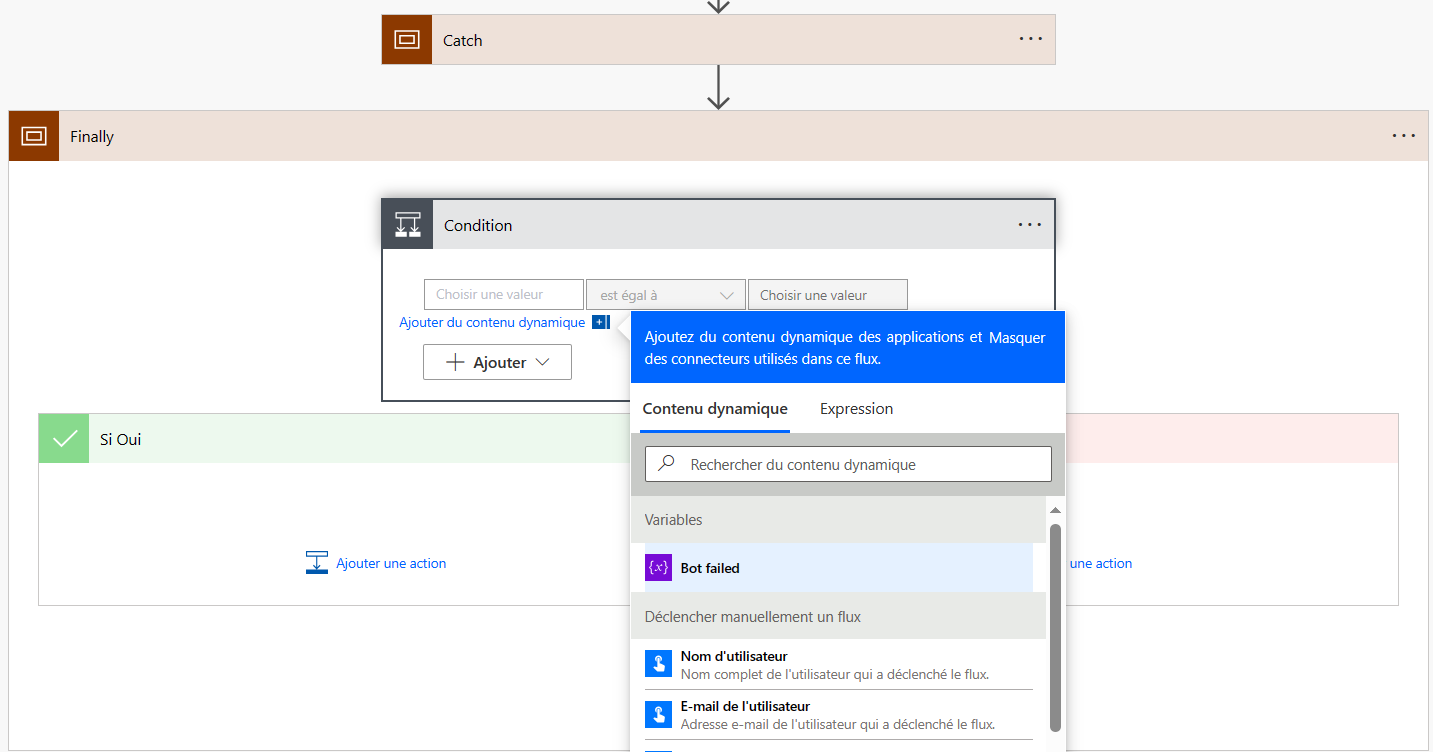 Capture d’écran de la portée Finally avec l’action Condition et les boîtes de dialogue d’expression dynamique.