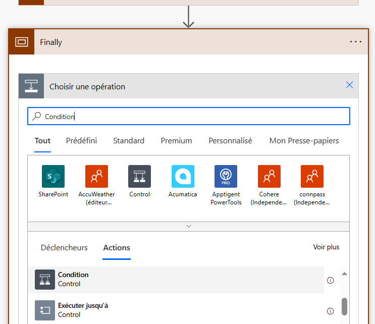 Capture d’écran de la portée Finally avec une action Condition ajoutée.