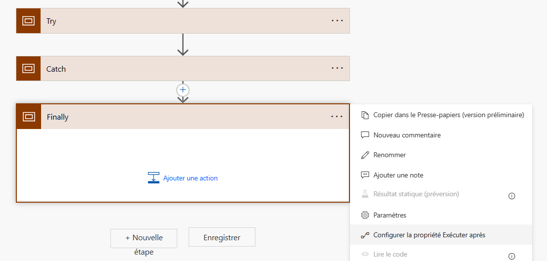 Capture d’écran de la portée Finally avec l’option Configurer Exécuter après dans le menu Plus.