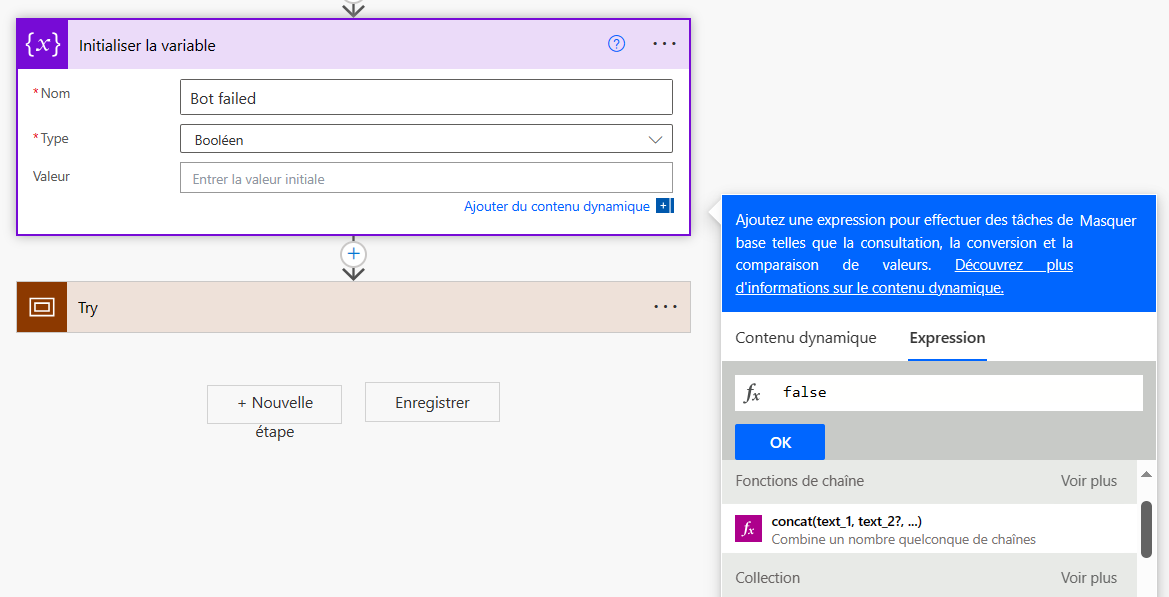 Capture d’écran des boîtes de dialogue Initialiser une variable et Expression.