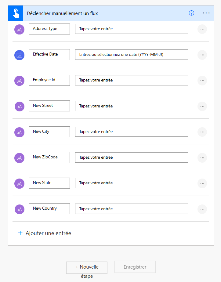 Ajoutez les entrées au déclencheur de flux.