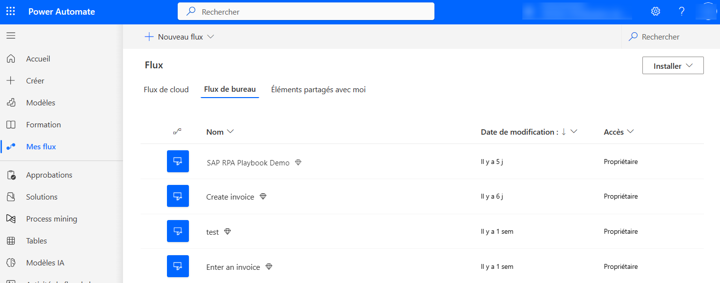Capture d’écran de l’onglet Flux de bureau sur l’écran Mes flux du portail Power Automate.