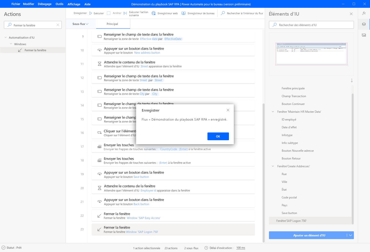 Capture d’écran de la fenêtre du concepteur Power Automate Desktop avec une boîte de dialogue Enregistrer ouverte.