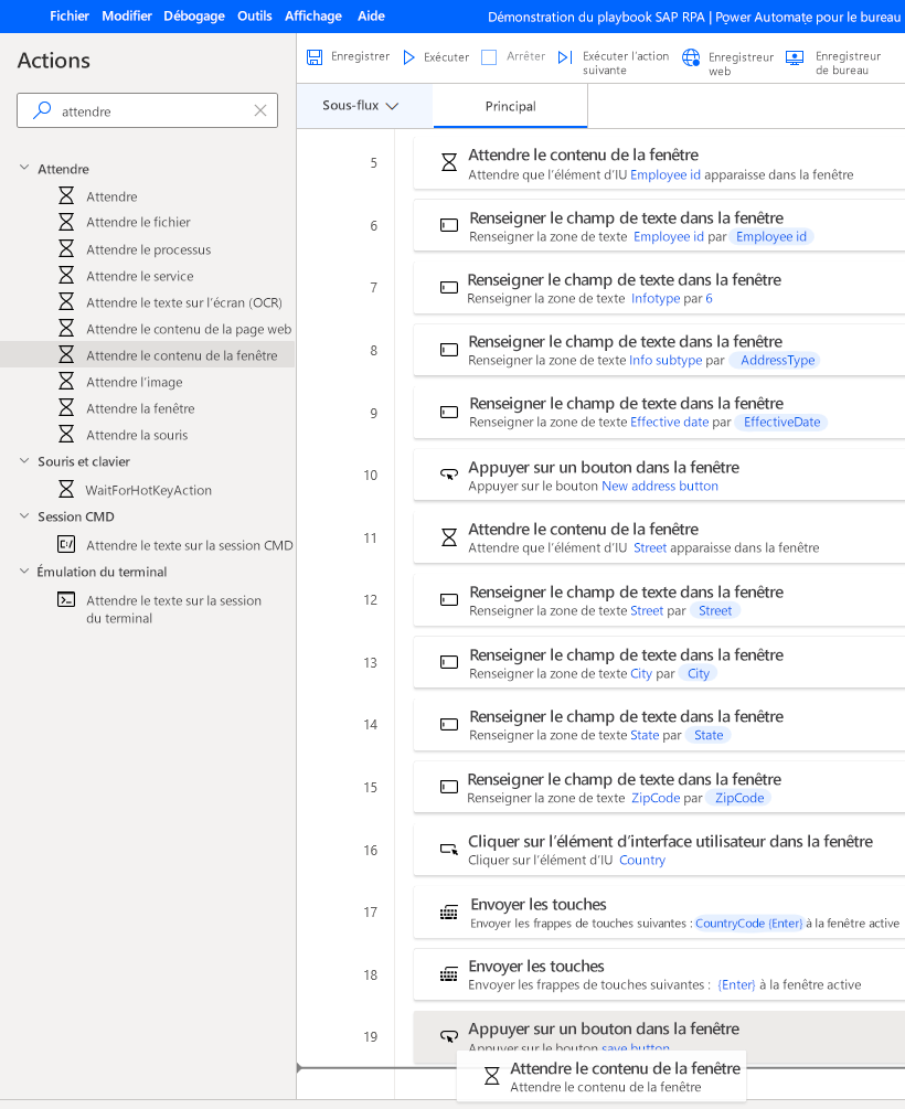 Capture d’écran de la fenêtre du concepteur Power Automate Desktop avec Attendre le contenu de la fenêtre ajouté à partir du volet Actions.
