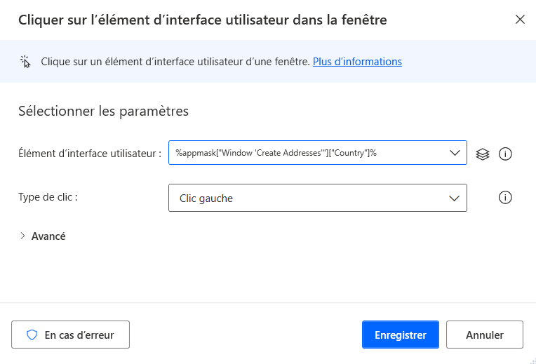 Capture d’écran de la fenêtre du concepteur Power Automate Desktop avec Cliquer sur l’élément d’interface utilisateur dans la fenêtre et le type de clic gauche.