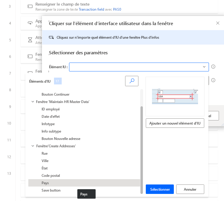 Capture d’écran de la fenêtre du concepteur Power Automate Desktop avec la boîte de dialogue Cliquer sur l’élément d’interface utilisateur dans la fenêtre ouverte et la liste des variables ouverte.