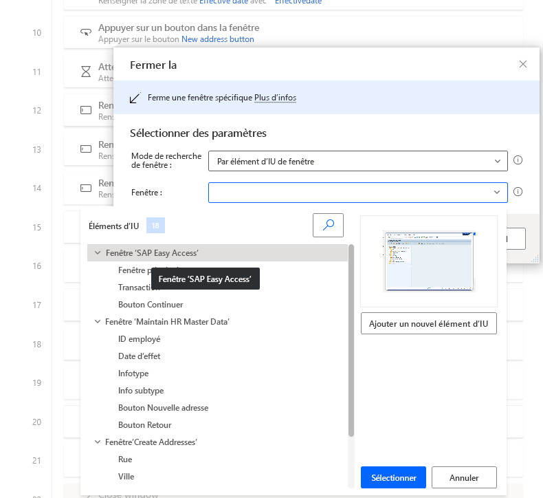 Capture d’écran de la fenêtre du concepteur Power Automate Desktop avec la boîte de dialogue Fermer la fenêtre ouverte, la liste des variables ouverte et la fenêtre SAP Easy Access sélectionnée.