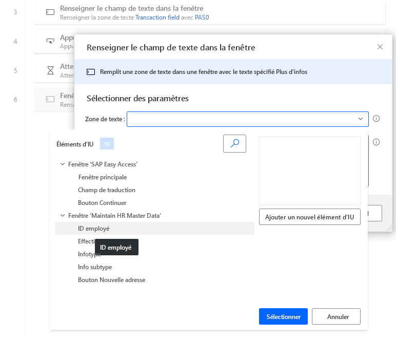 Capture d’écran de la fenêtre du concepteur Power Automate Desktop avec la boîte de dialogue Renseigner le champ du texte dans la fenêtre ouverte et le menu déroulant des éléments d’IU ouvert.