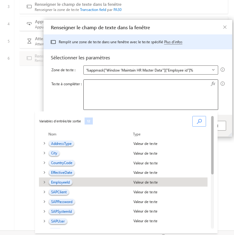 Capture d’écran de la fenêtre du concepteur Power Automate Desktop avec la boîte de dialogue Renseigner le champ du texte dans la fenêtre ouverte et la liste des variables ouverte.