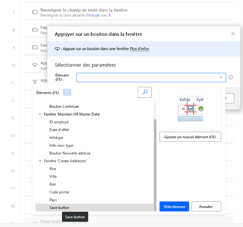 Capture d’écran de la fenêtre du concepteur Power Automate Desktop avec la boîte de dialogue Appuyer sur le bouton dans la fenêtre ouverte, la liste des variables ouverte et le bouton Enregistrer sélectionné.