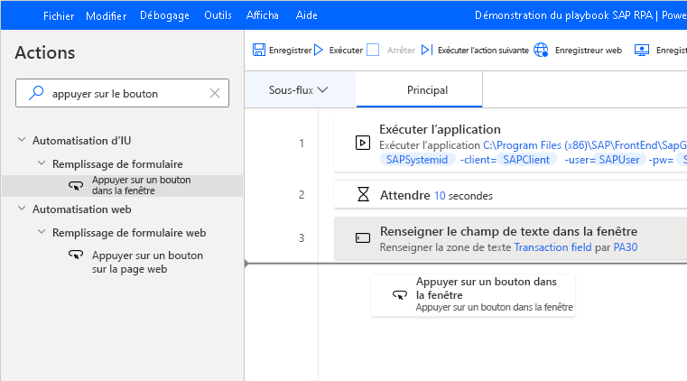 Capture d’écran de la fenêtre du concepteur Power Automate Desktop avec Appuyer sur le bouton dans la fenêtre ajouté à partir du volet Actions sous Attendre 10 secondes.