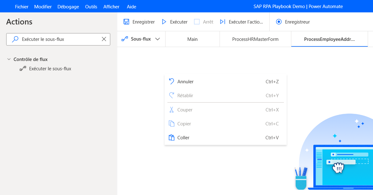 Capture d’écran de la fenêtre du concepteur Power Automate Desktop avec le sous-flux ProcessEmployeeAddressForm ouvert avant que les lignes copiées y soient collées.