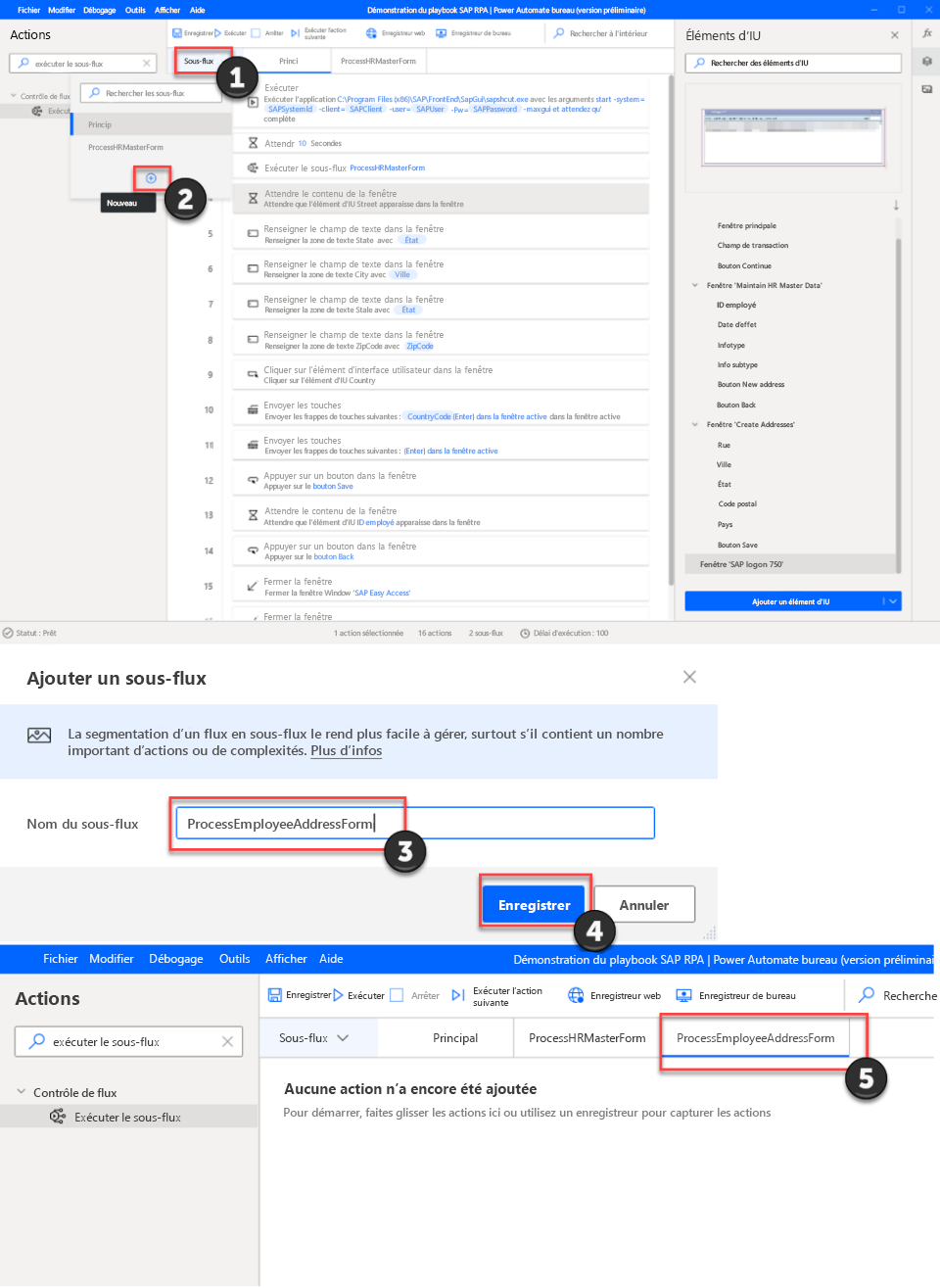 Capture d’écran de la fenêtre du concepteur Power Automate Desktop avec un nouveau sous-flux nommé ProcessEmployeeAddressForm.