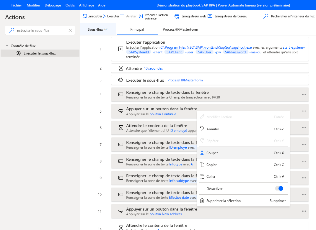 Capture d’écran de la fenêtre du concepteur Power Automate Desktop avec les lignes 4 à 11 sélectionnées et le menu contextuel ouvert avec Couper sélectionné.