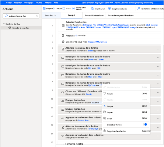 Capture d’écran de la fenêtre du concepteur Power Automate Desktop avec les lignes 4 à 14 sélectionnées et le menu contextuel ouvert avec Couper sélectionné.