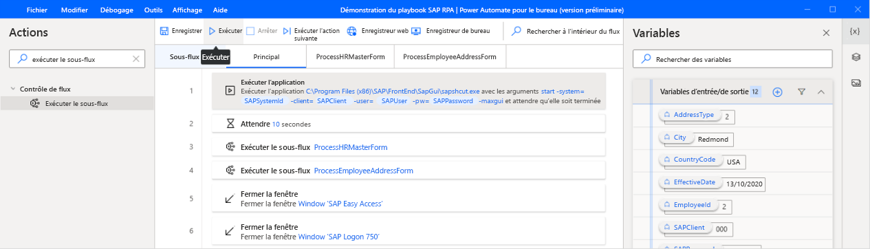 Capture d’écran de la fenêtre du concepteur Power Automate Desktop avec le bouton Exécuter sélectionné.