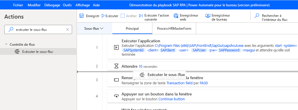 Capture d’écran de la fenêtre du concepteur Power Automate Desktop avec le sous-flux Exécuter ajouté à partir du volet Actions.