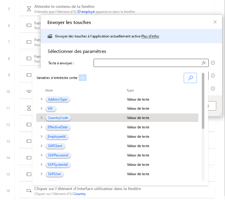 Capture d’écran de la fenêtre du concepteur Power Automate Desktop avec la boîte de dialogue Envoyer une séquence de touches et la liste des variables ouvertes.