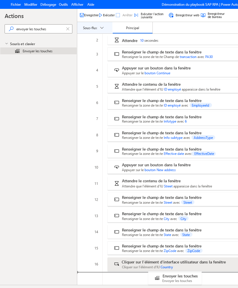 Capture d’écran de la fenêtre du concepteur Power Automate Desktop avec le texte Envoyer une séquence de touches ajouté après Pays.