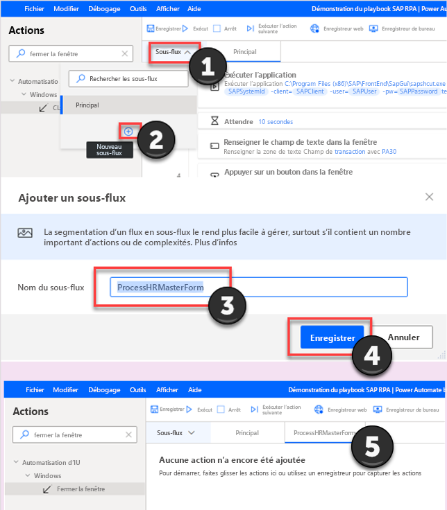 Capture d’écran de la fenêtre du concepteur Power Automate Desktop avec la zone Sous-flux ouverte et un nouveau sous-flux ajouté et nommé.